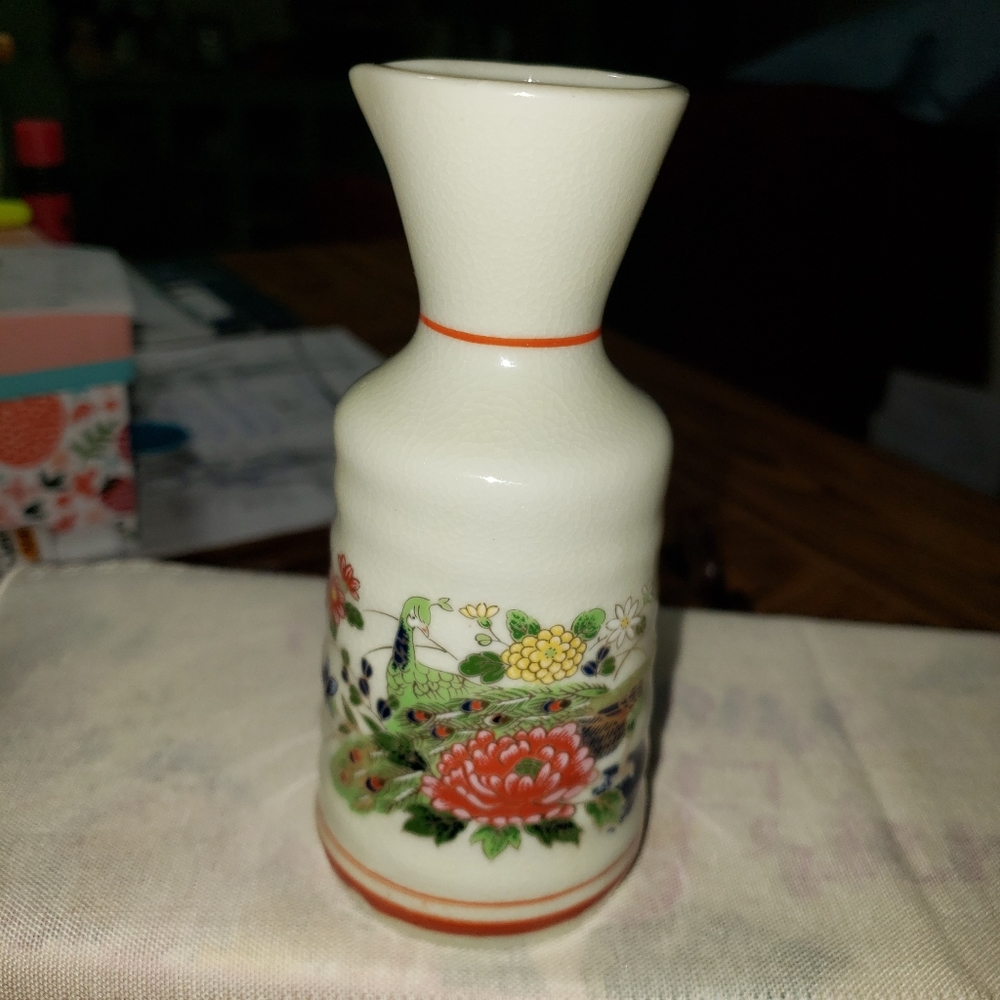 Vintage Made in Japan Sake Bottle with a Peacock and Flowers